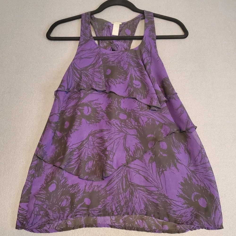 Charlotte Russe Womens S Purple and Black Racerback Tank Top Blouse Sheer Ruffle